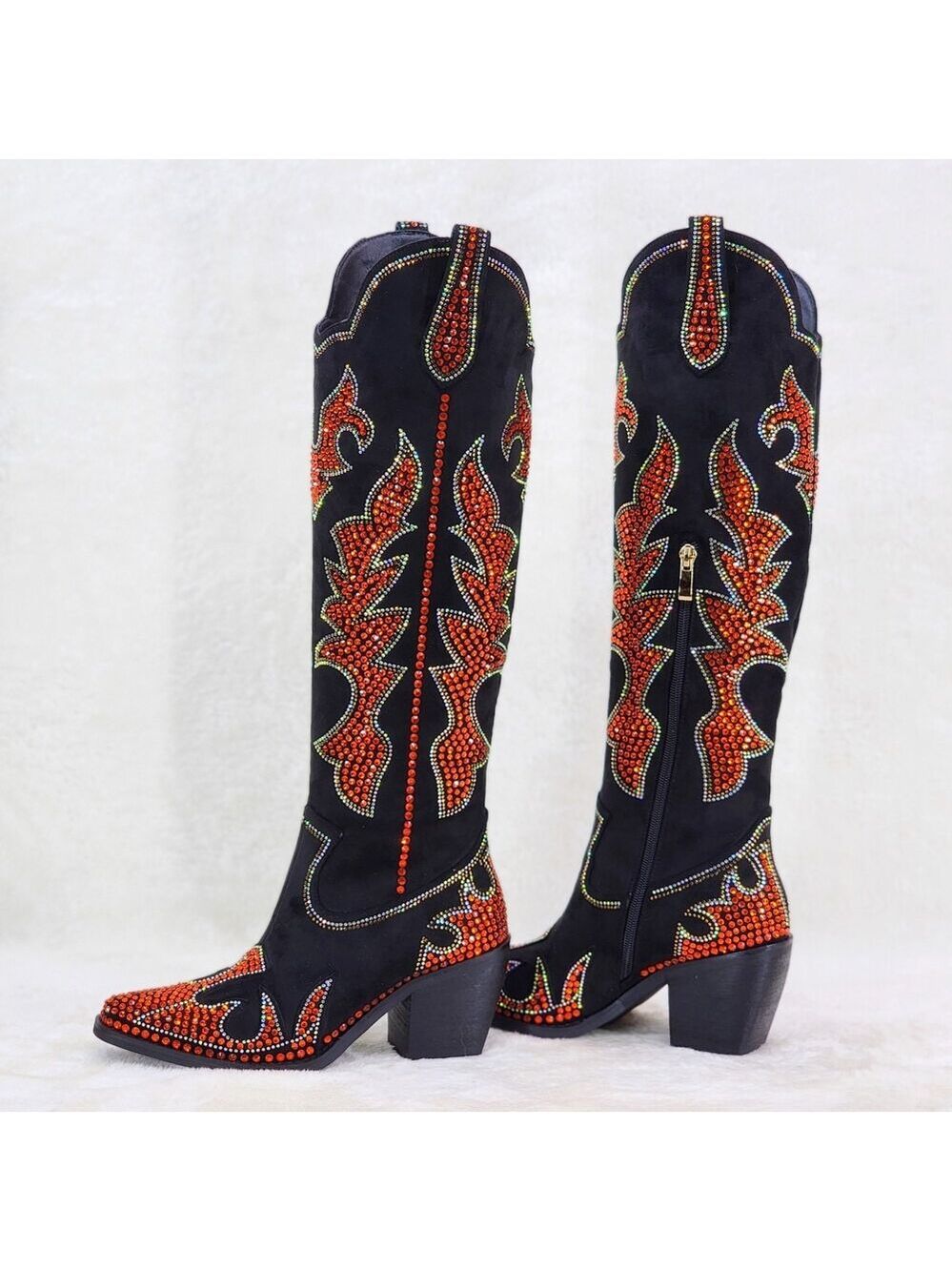 NIB Harley Girl Country Western Cowgirl Knee Boots Rhinestones Black Orange - Picture 6 of 16